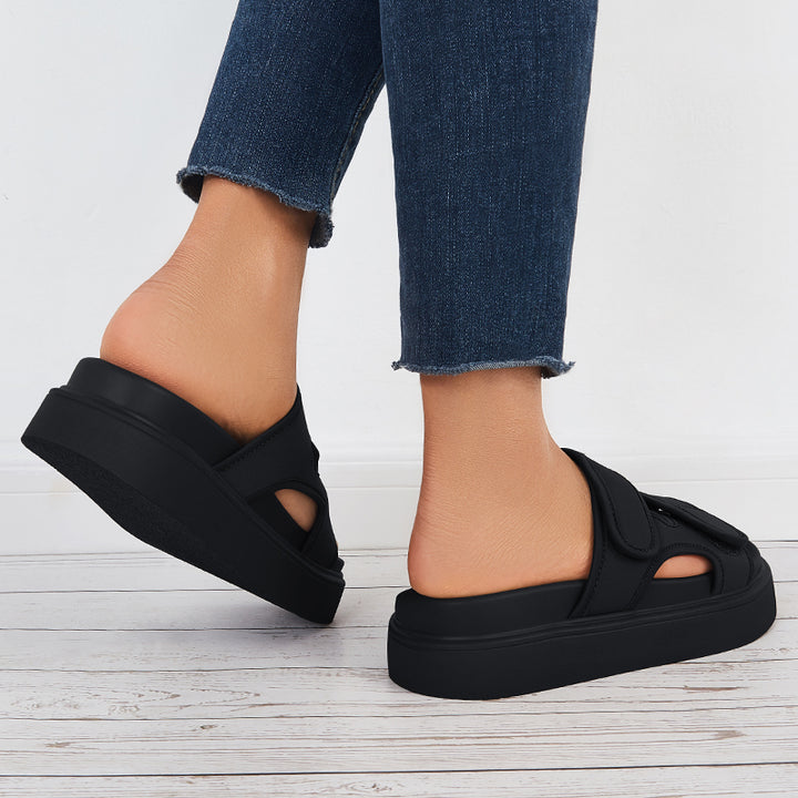Platform Slide Sandals Velcro Straps Thick Sole Slippers