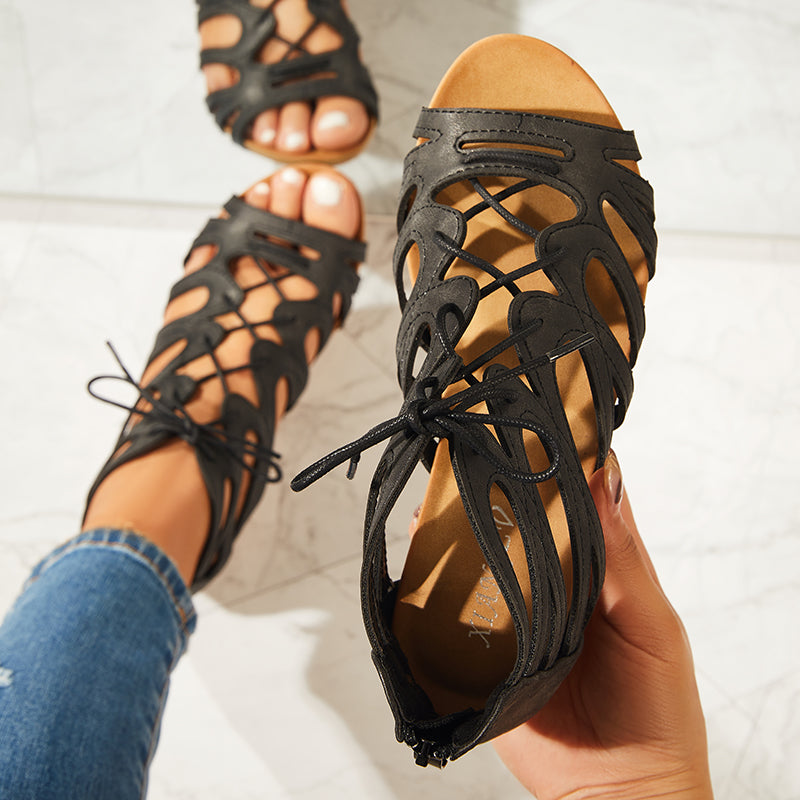 Lace Up Gladiator Wedges Peep Toe Cutout Back Zip Sandals