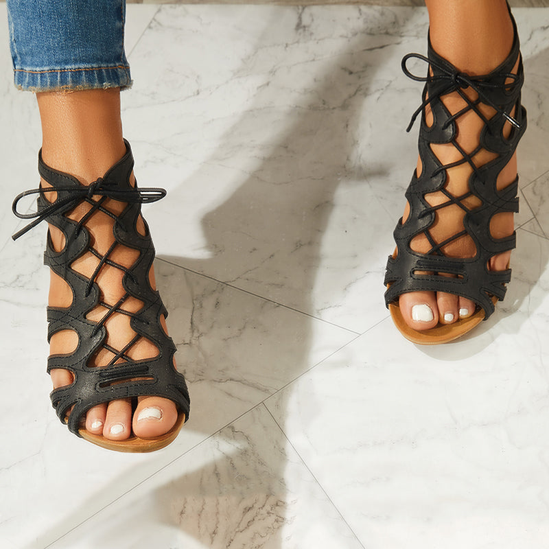 Lace Up Gladiator Wedges Peep Toe Cutout Back Zip Sandals