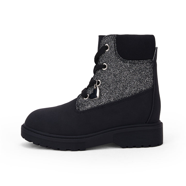 Kids Glitter Lug Sole Ankle Boots Chunky Low Heel Combat Booties