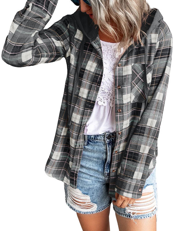Womens Long Sleeve Plaid Hoodie Jacket Button Down Casual Blouse Shirts Tops
