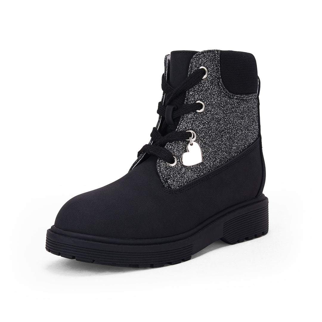 Kids Glitter Lug Sole Ankle Boots Chunky Low Heel Combat Booties