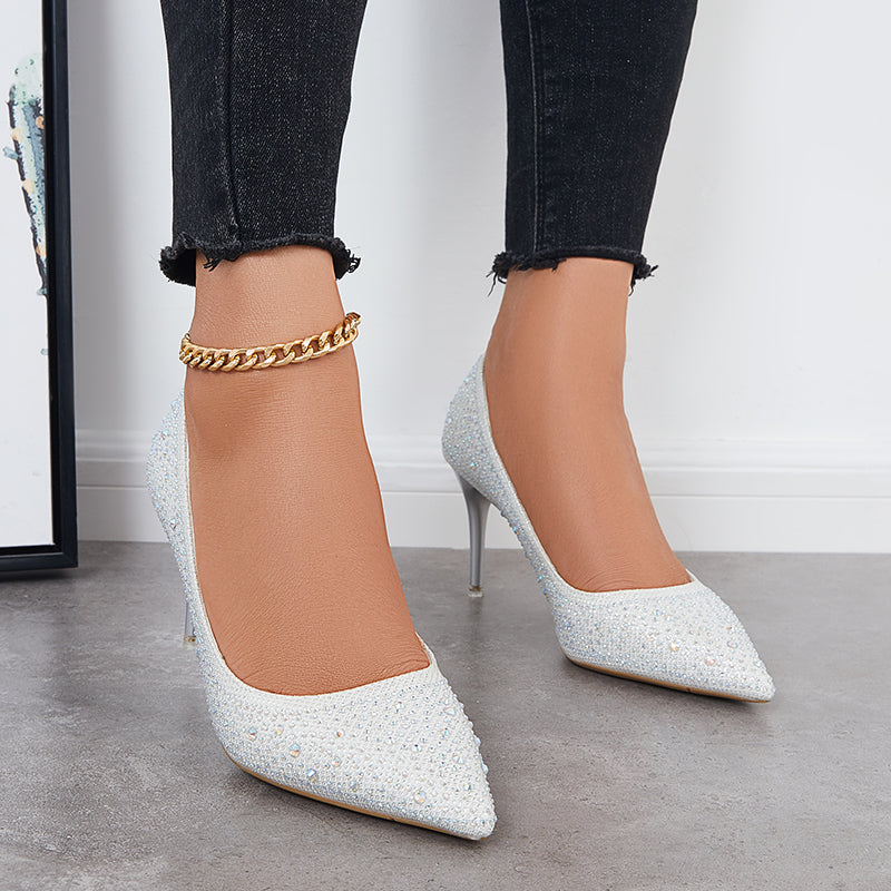 Rhinestone Stilettos High Heel Pumps Pointed Toe Party Shoes