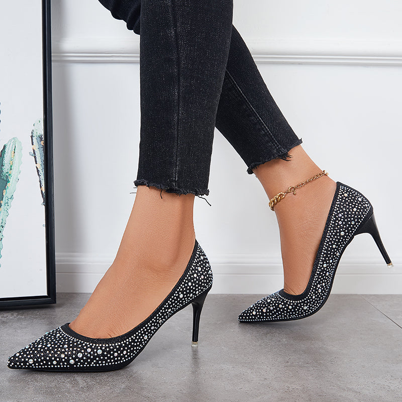 Rhinestone Stilettos High Heel Pumps Pointed Toe Party Shoes