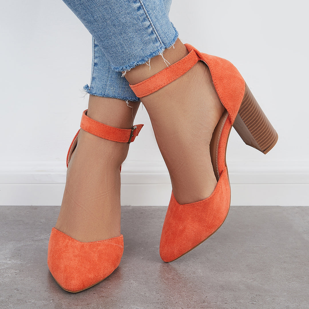 Casual Chunky Block High Heel Pumps Pointed Toe Ankle Strap Heels