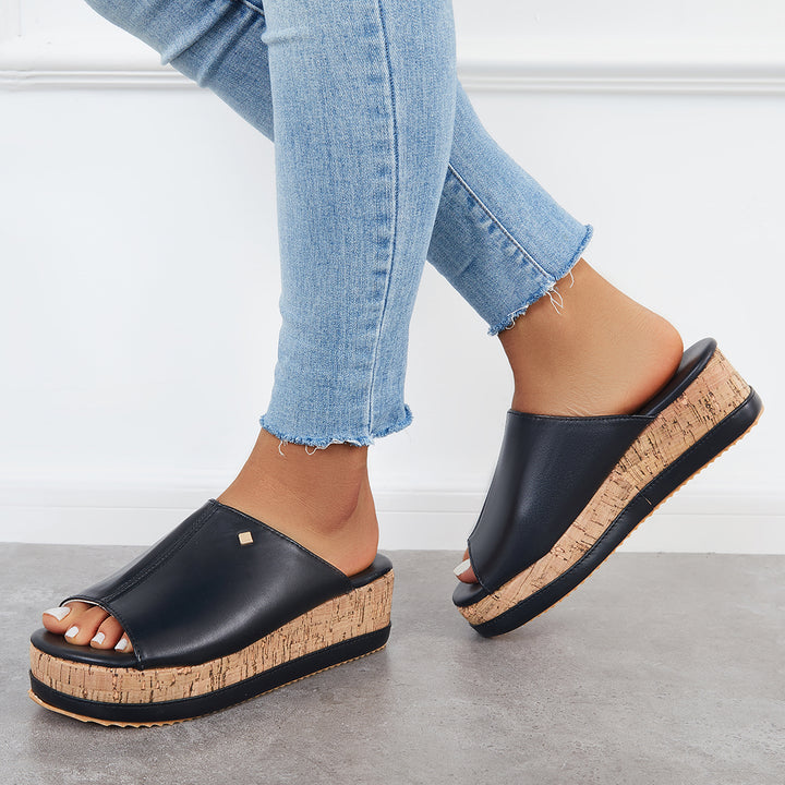 Comfortable Cork Footbed Slip-on Sandals Platform Wedge Slippers