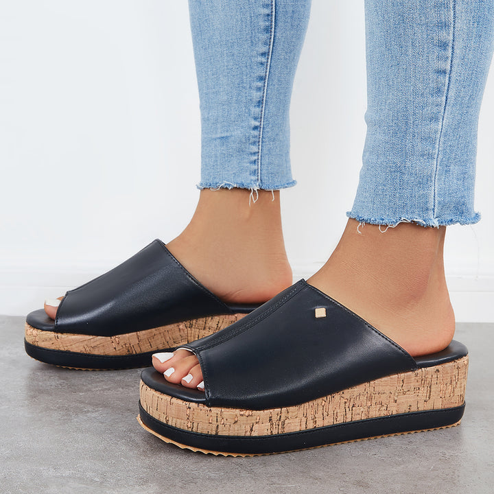Comfortable Cork Footbed Slip-on Sandals Platform Wedge Slippers