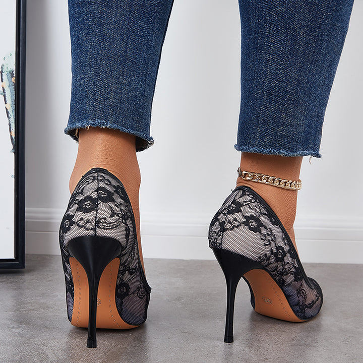 Mesh Embroidered Stiletto Pumps Lace Panel Point Toe High Heel Shoes