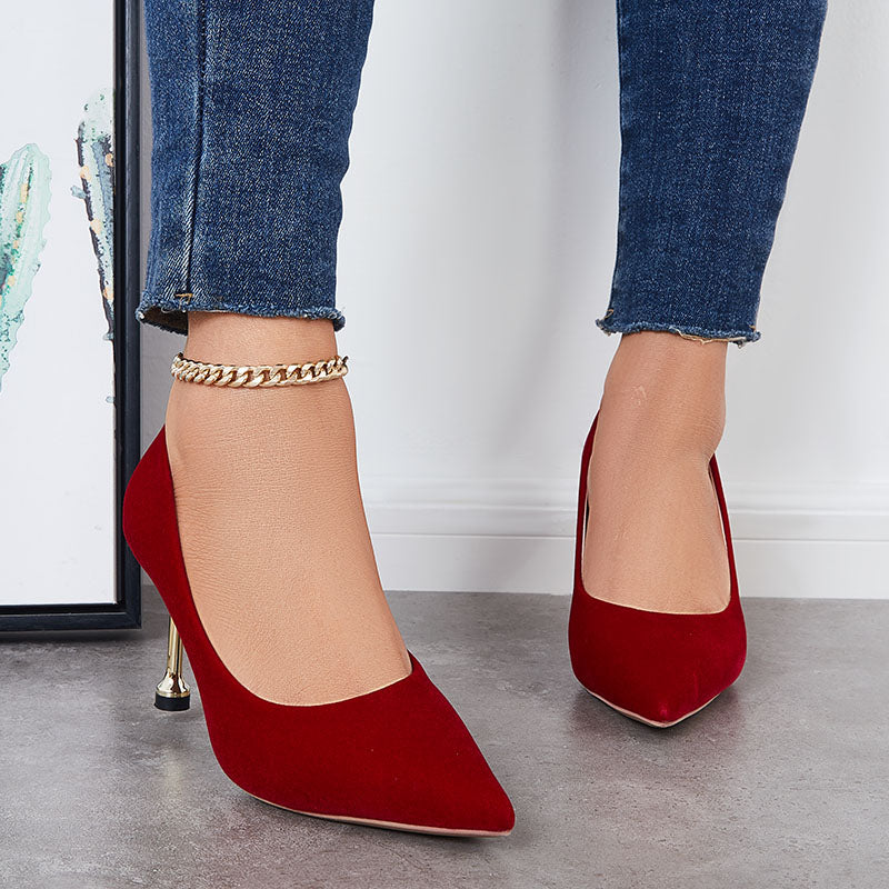 Red Pointed Toe Metal Heel Slip On Dress Pumps Shoes
