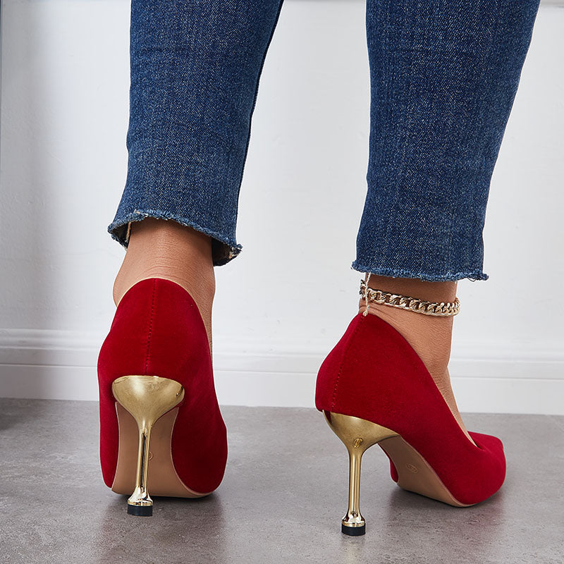 Red Pointed Toe Metal Heel Slip On Dress Pumps Shoes