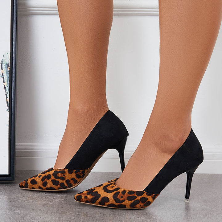 Leopard Pointed Toe Stilettos High Heel Slip On Dress Pumps