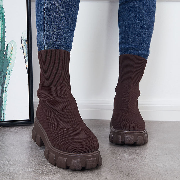 Knit Stretch Platform Ankle Sock Boots Pull on Chunky Sole Booties