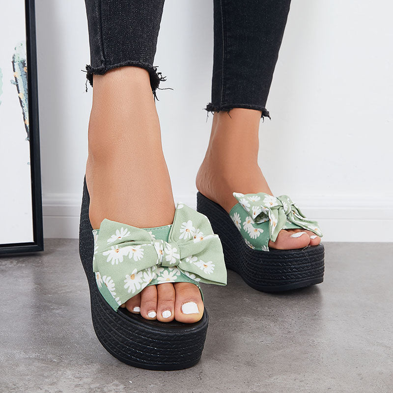 Platform Wedge Sandals Bowknot Slides Casual Open Toe Slip on Dress Slippers