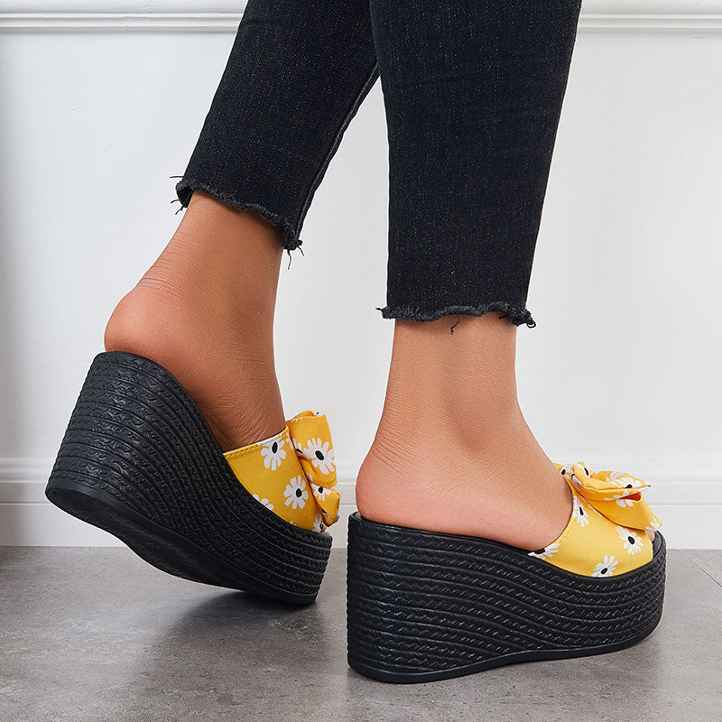 Platform Wedge Sandals Bowknot Slides Casual Open Toe Slip on Dress Slippers
