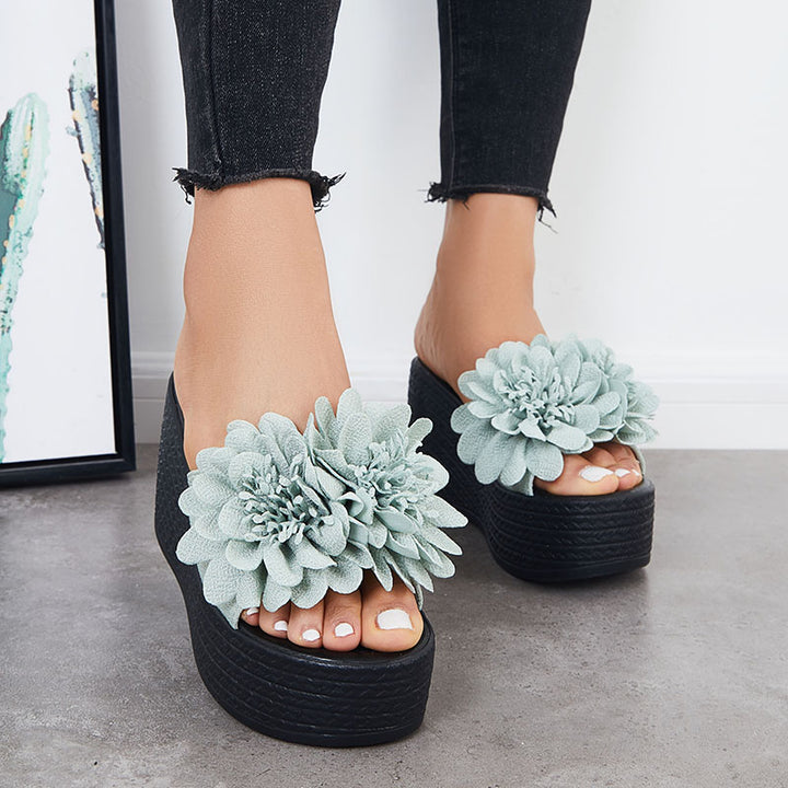 Platform Wedges Slide Sandals Floral Open Toe Slip on Beach Shoes