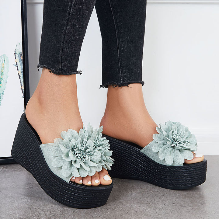 Platform Wedges Slide Sandals Floral Open Toe Slip on Beach Shoes