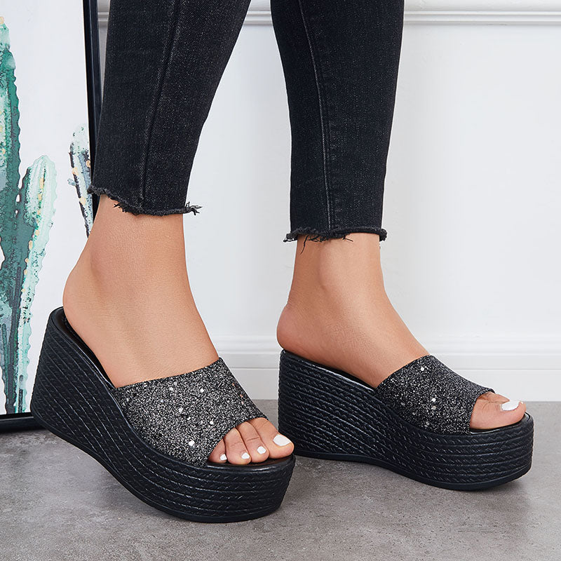 Glitter Platform Wedge Slides Slip on Open Toe Backless Shiny Sandals