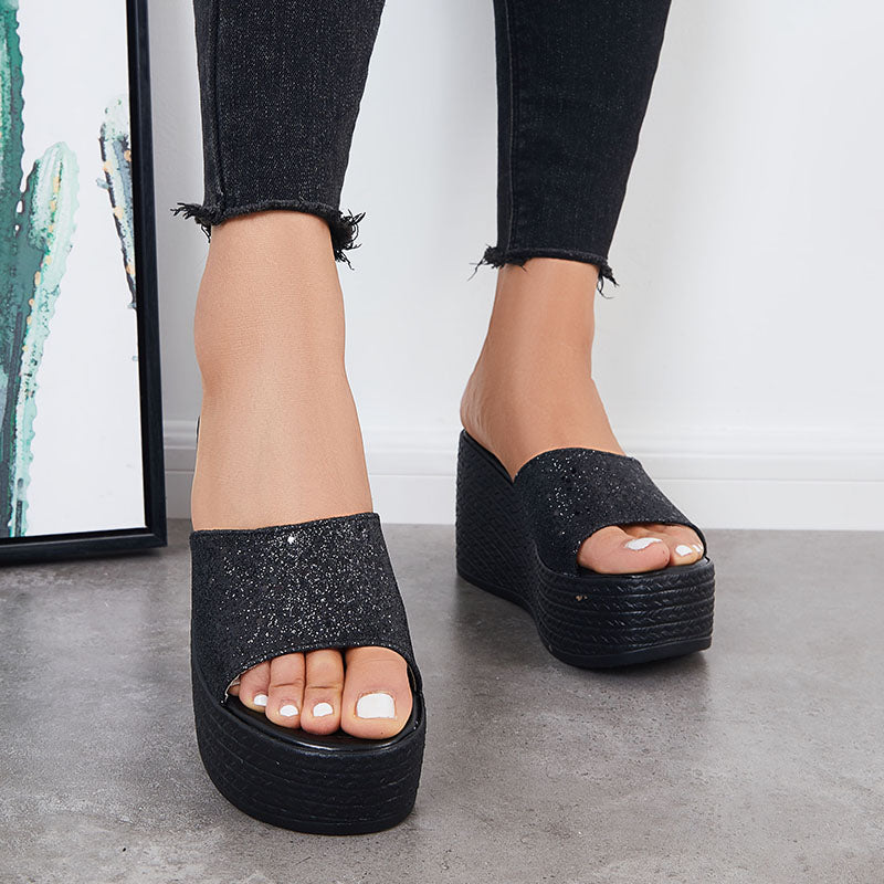 Glitter Platform Wedge Slides Slip on Open Toe Backless Shiny Sandals