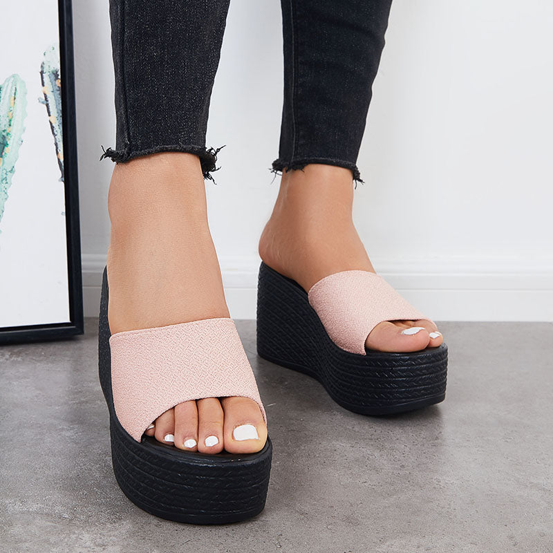Casual Platform Wedge Slides Slip on Open Toe Backless Sandals