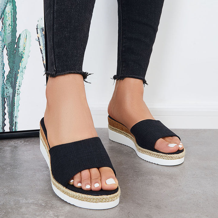 Open Toe Platform Espadrille Sandals Slip on Cork Wedges Slides