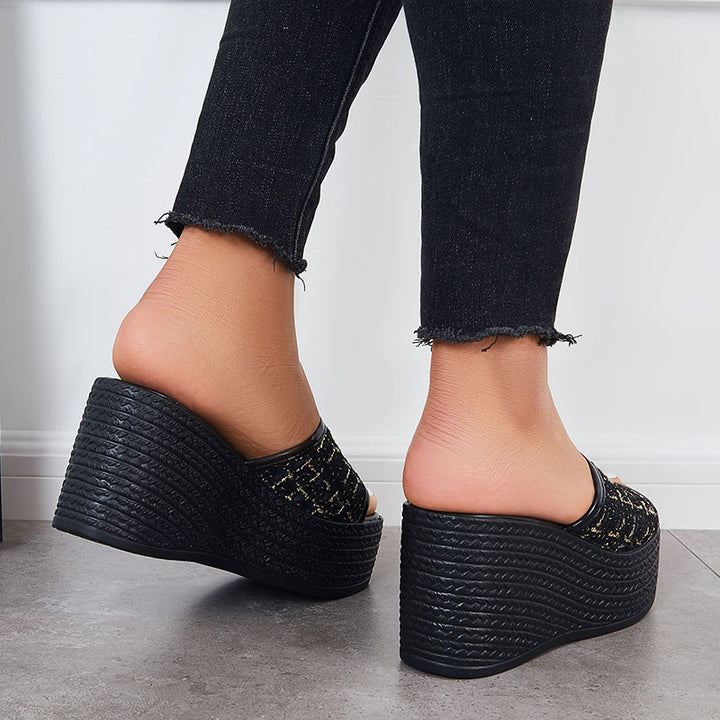 Black Platform Wedge Slides Slip on Open Toe Backless Sandals