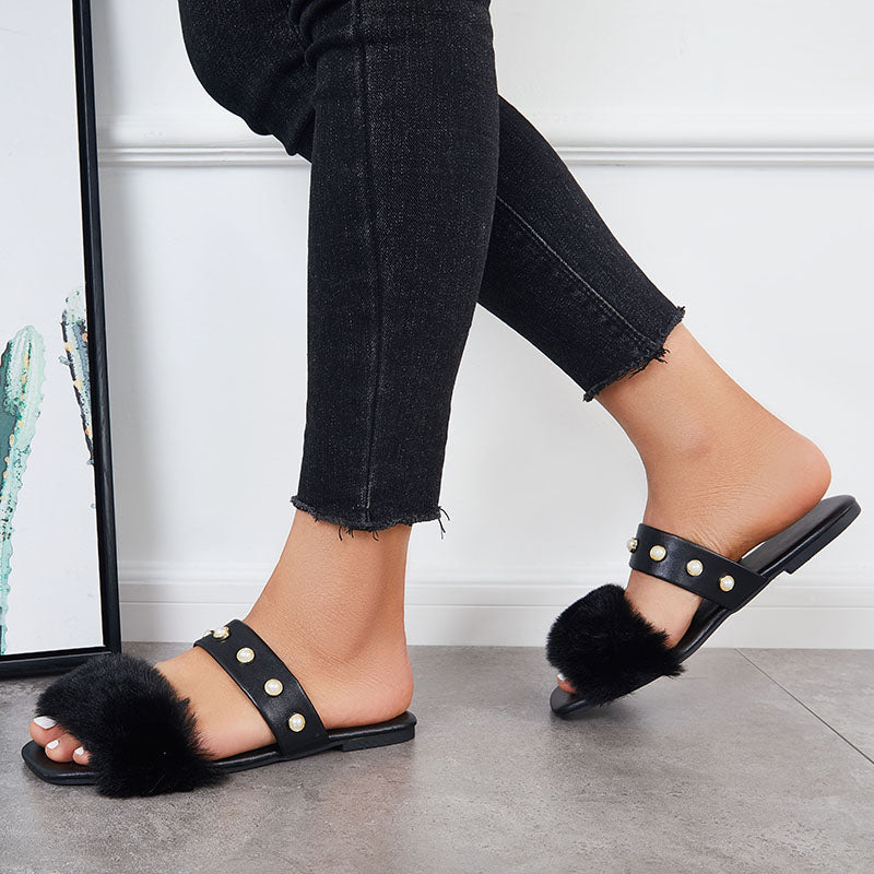 Summer Faux Fur Slippers Slide Sandals Square Toe Flats Shoes