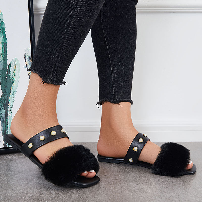 Summer Faux Fur Slippers Slide Sandals Square Toe Flats Shoes