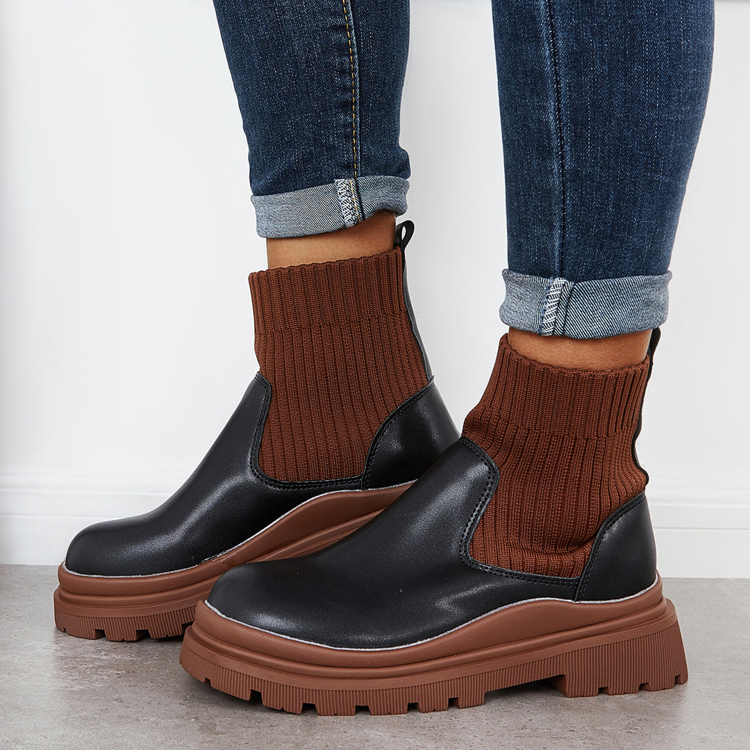 Round Toe Platform Lug Sole Ankle Boots Elastic Knit Booties