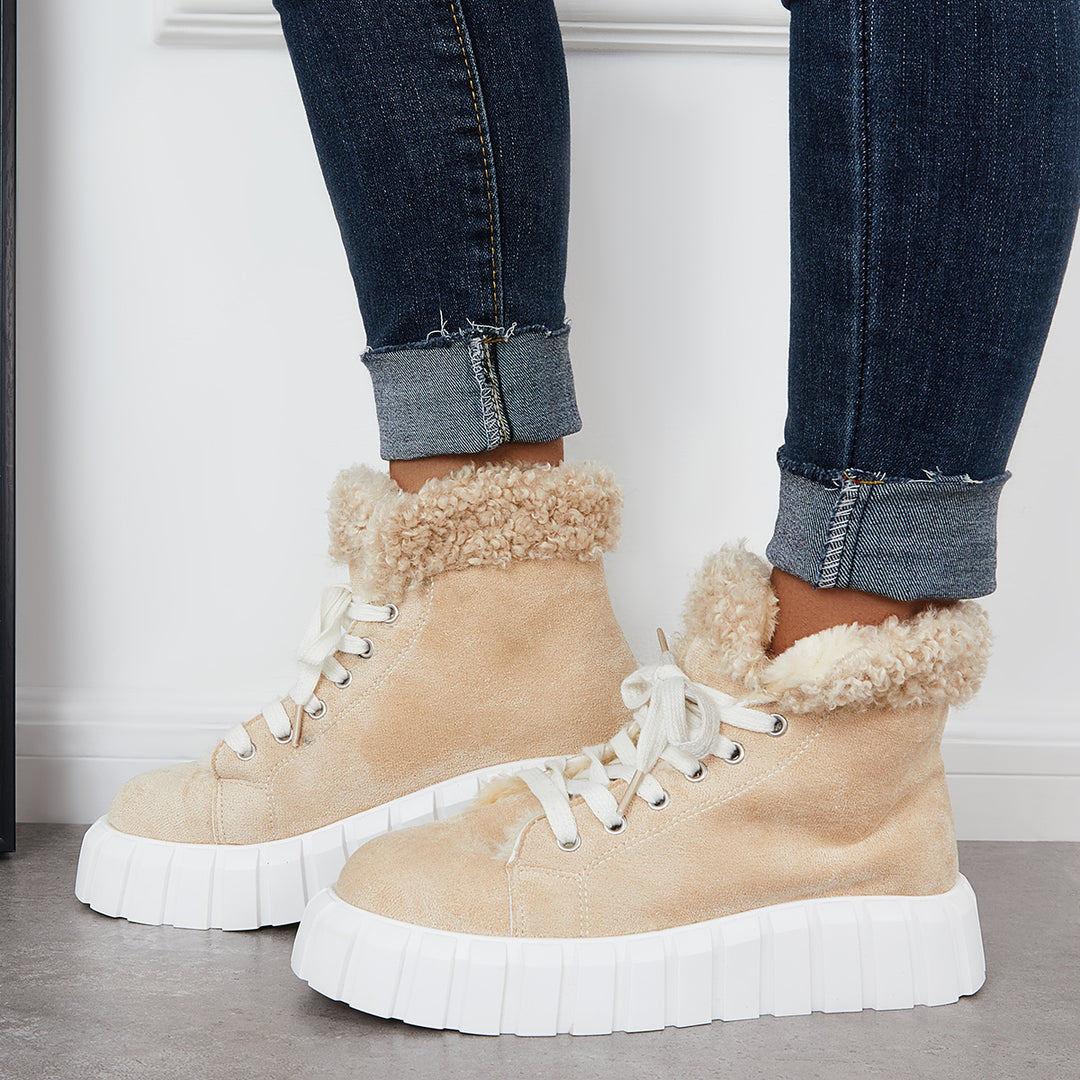Lace Up Platform Warm Faux Fur Lined Booties Sneakers Boots
