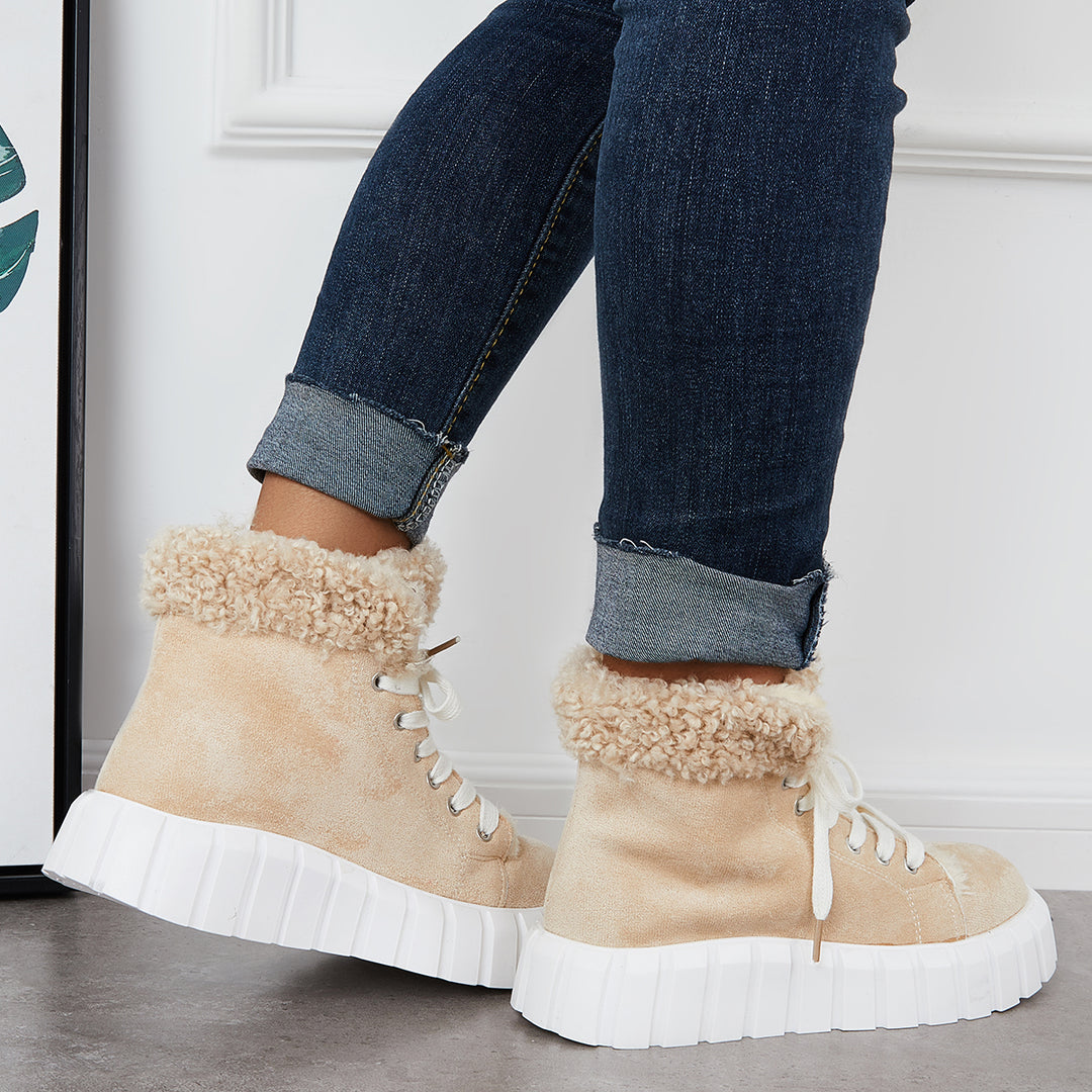 Lace Up Platform Warm Faux Fur Lined Booties Sneakers Boots