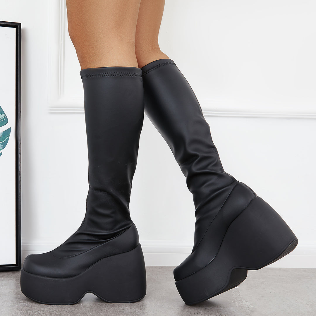 Black Stretchy Knee High Boots Punk Platform Chunky Heel Boots