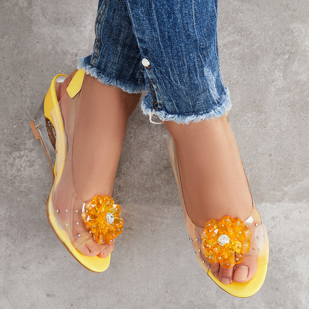 Rhinestone Flower Wedge Heels Clear Peep Toe Slingback Sandals