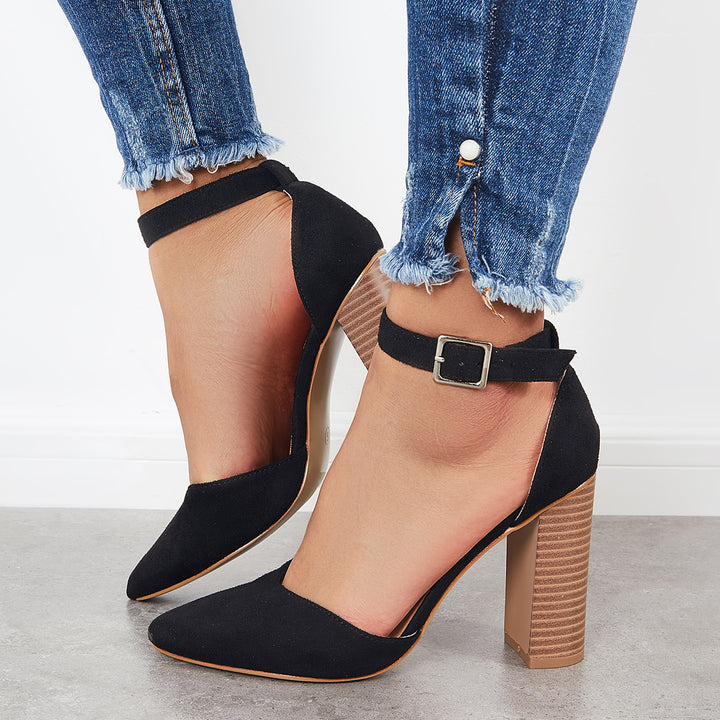 Casual Chunky Block High Heel Pumps Pointed Toe Ankle Strap Heels