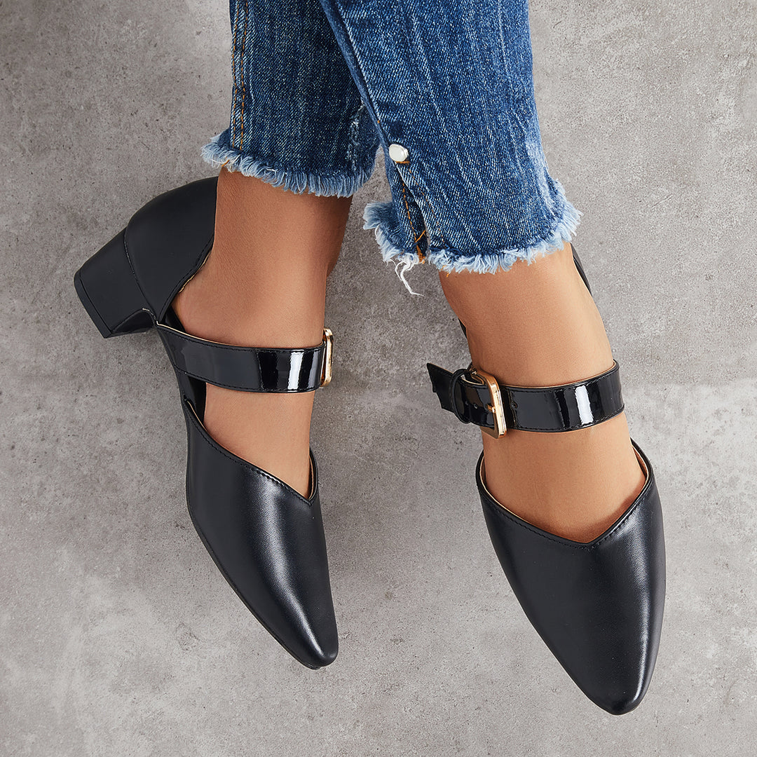 Block Low Heel Mary Jane Pumps Pointed Toe Buckle Dress Shoes