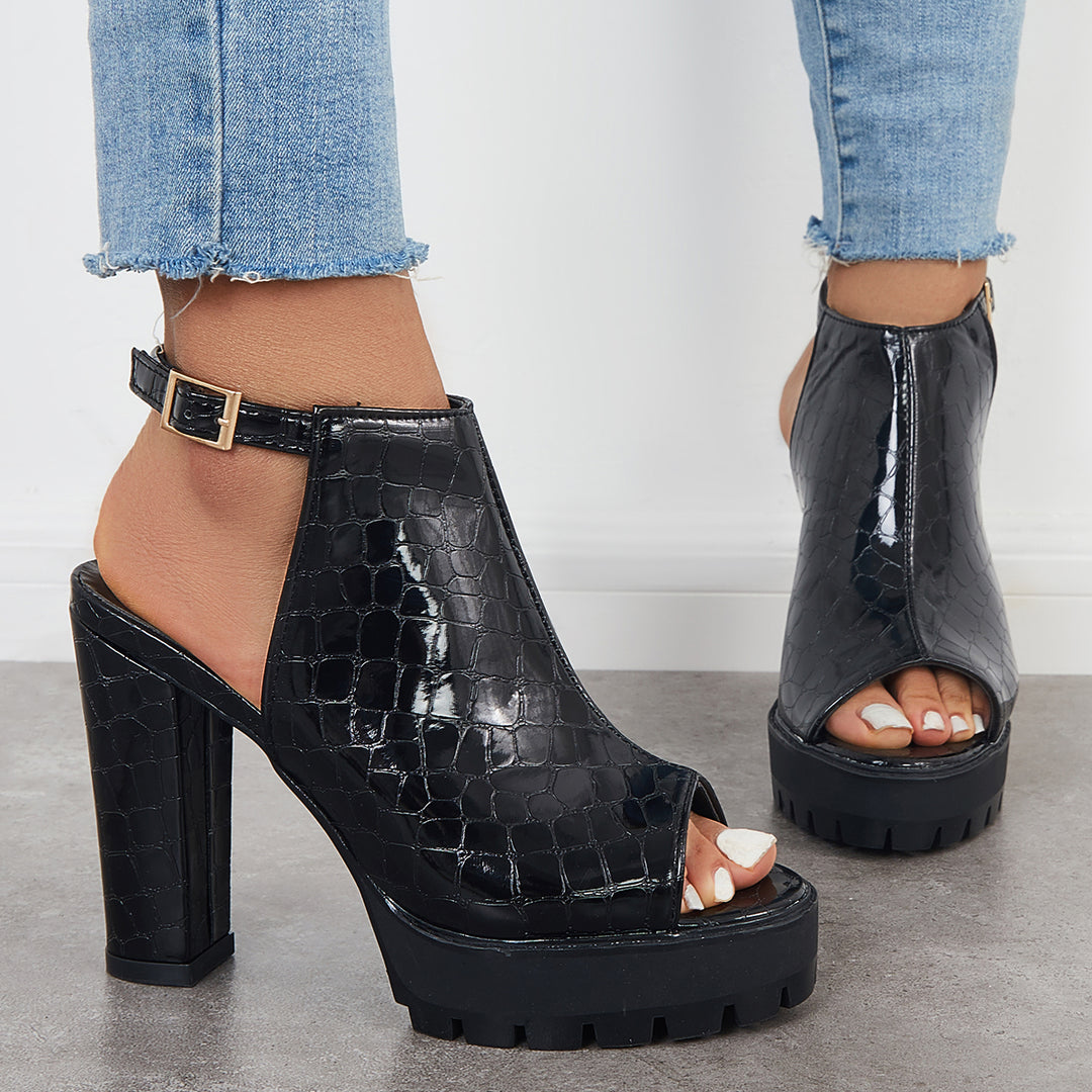 Black Peep Toe Chunky Platform Sandals Singback Dress Heels