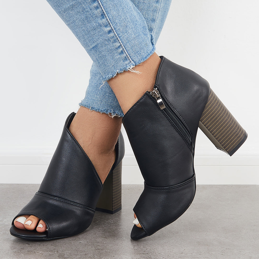 Black Cut Out Peep Toe Pumps Chunky Block Heel Ankle Boots