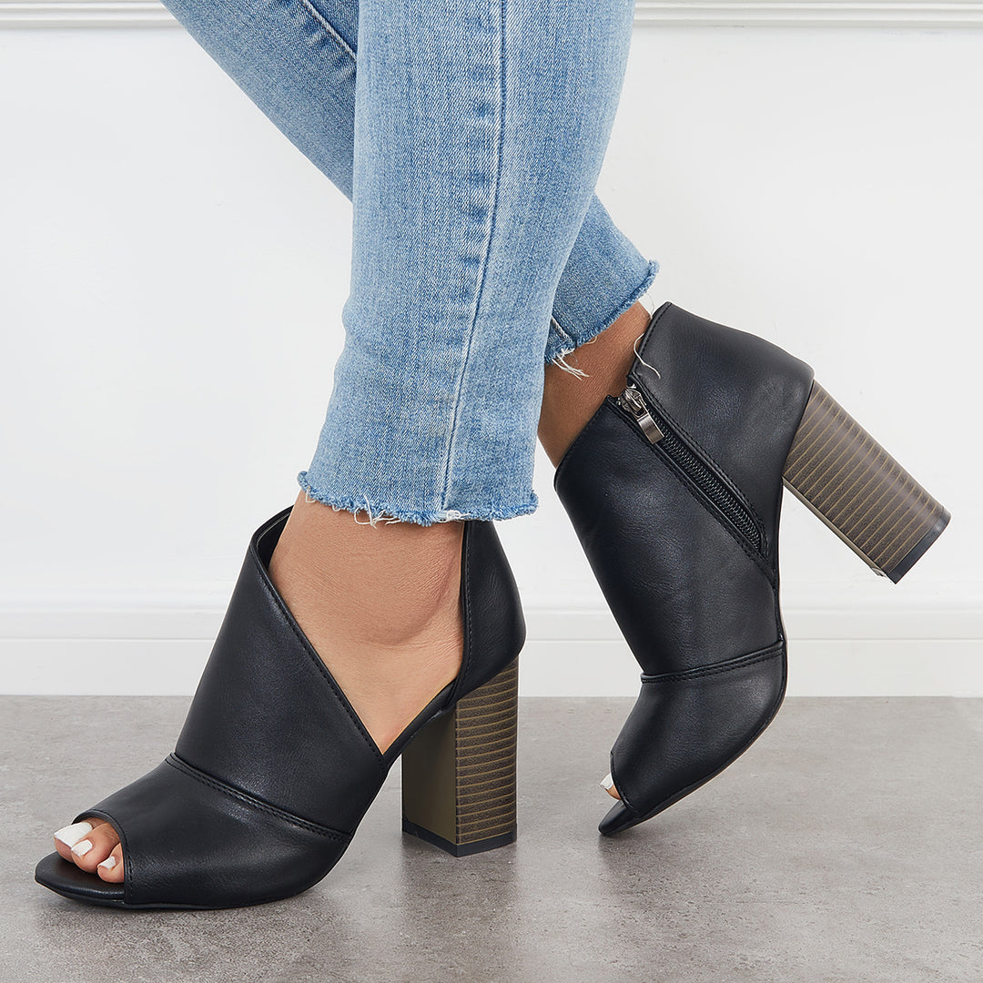 Black Cut Out Peep Toe Pumps Chunky Block Heel Ankle Boots