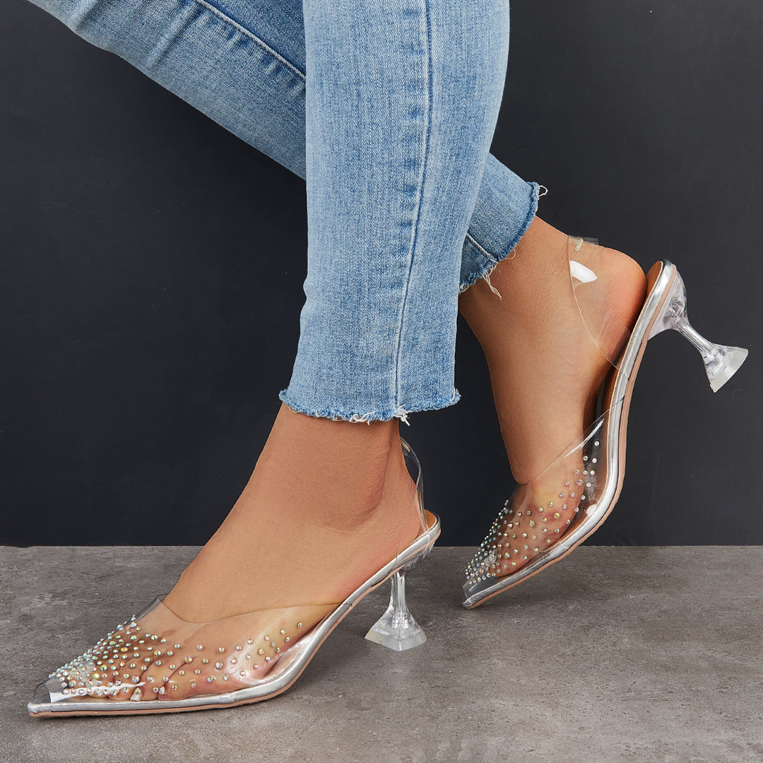 Clear Heeled Sandals Pointed Toe Slip on Slingback Pumps