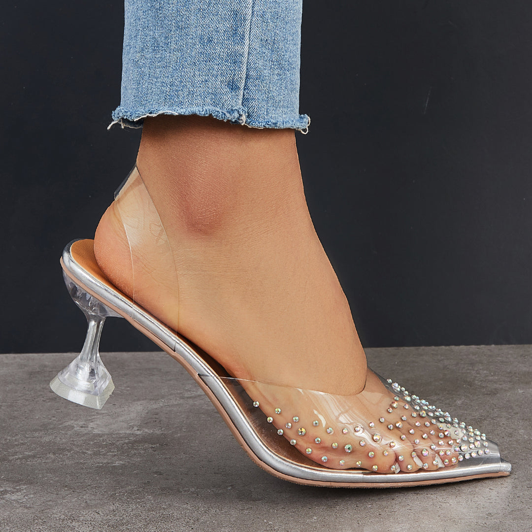 Clear Heeled Sandals Pointed Toe Slip on Slingback Pumps