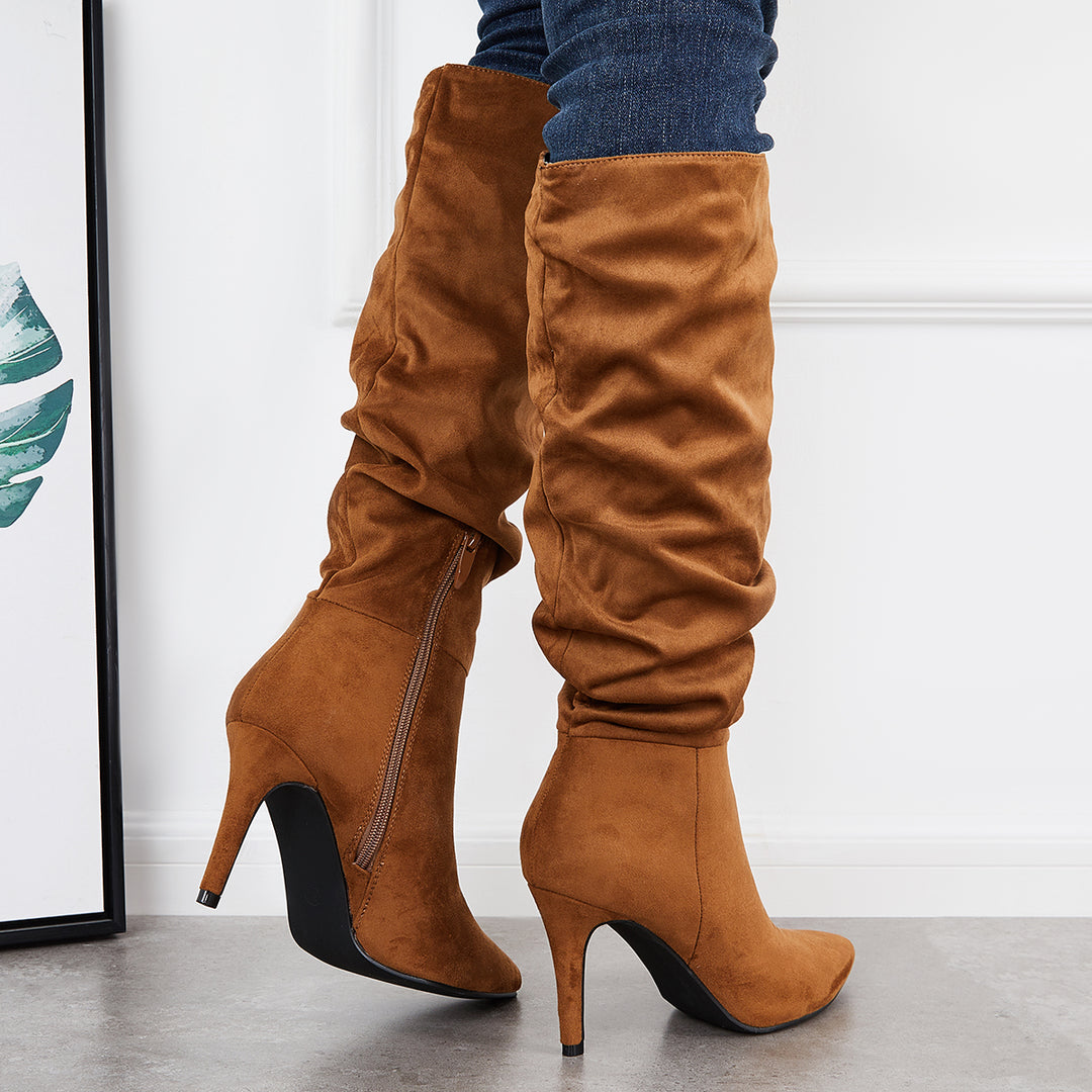 Slouchy Suede Knee High Boots Pointed Toe Stiletto Heel Tall Boots
