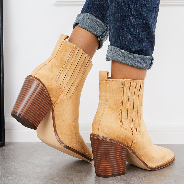 Square Toe Chelsea Ankle Boots Block Stacked Heel Western Booties