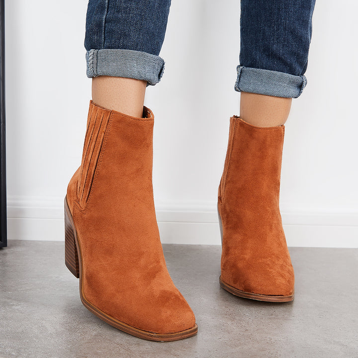 Square Toe Chelsea Ankle Boots Block Stacked Heel Western Booties