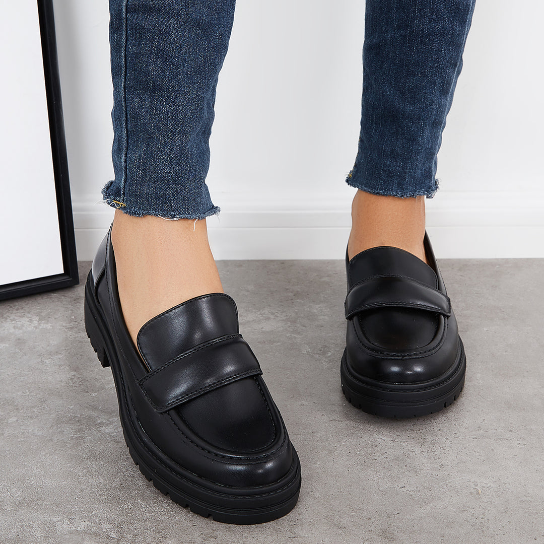 Round Toe Platform Penny Loafers Lug Sole Slip On Office Uniform Shoes