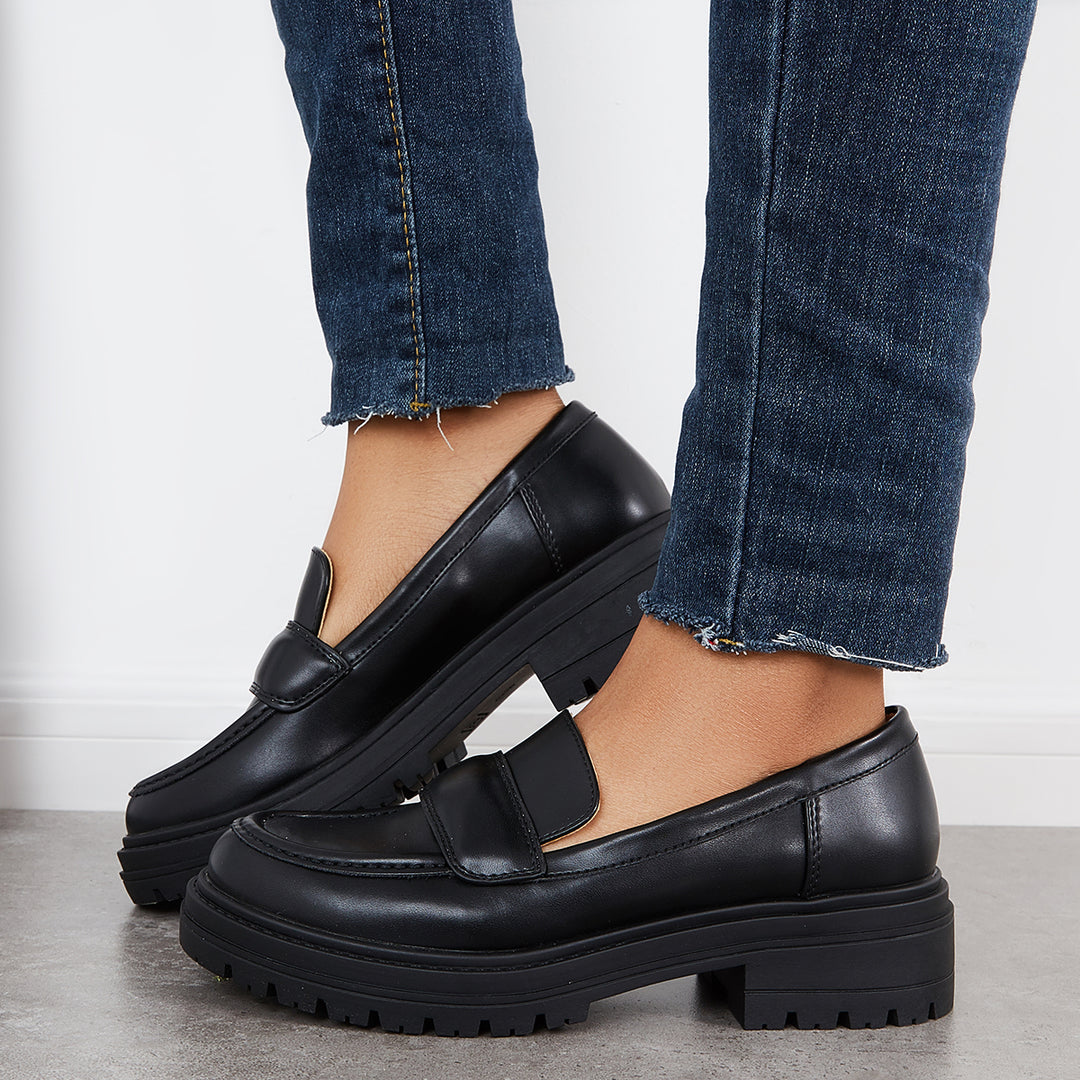 Round Toe Platform Penny Loafers Lug Sole Slip On Office Uniform Shoes