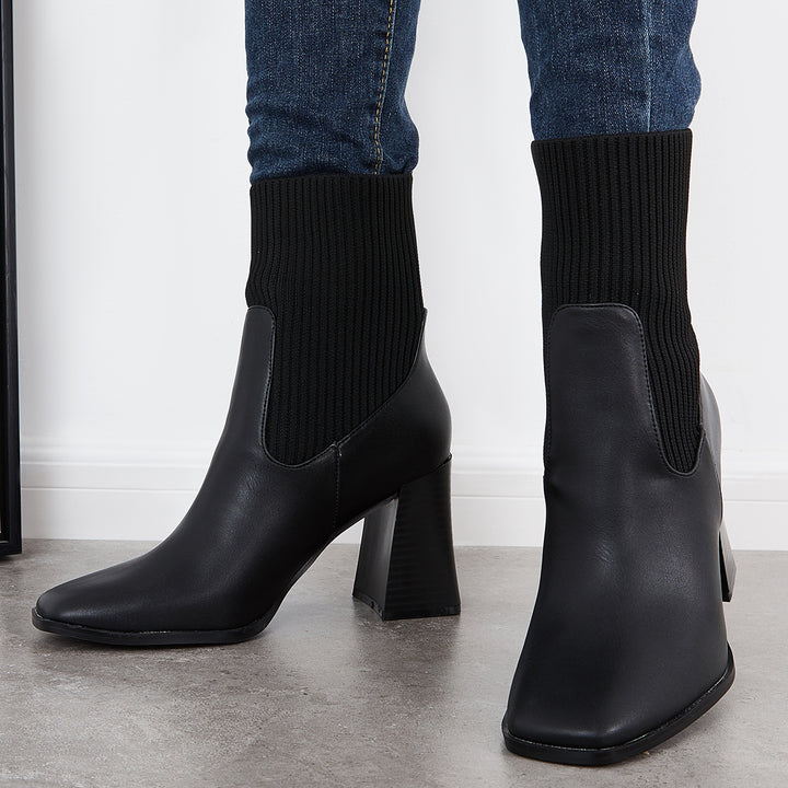 Square Toe Knit Splicing Sock Booties Stacked Chunky Heel Boots