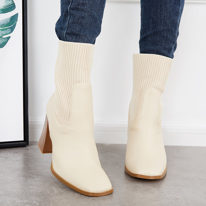Square Toe Knit Splicing Sock Booties Stacked Chunky Heel Boots