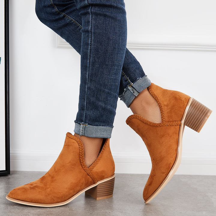 Pointed Toe Cutout Ankle Boots Block Chunky Heel Western Booties
