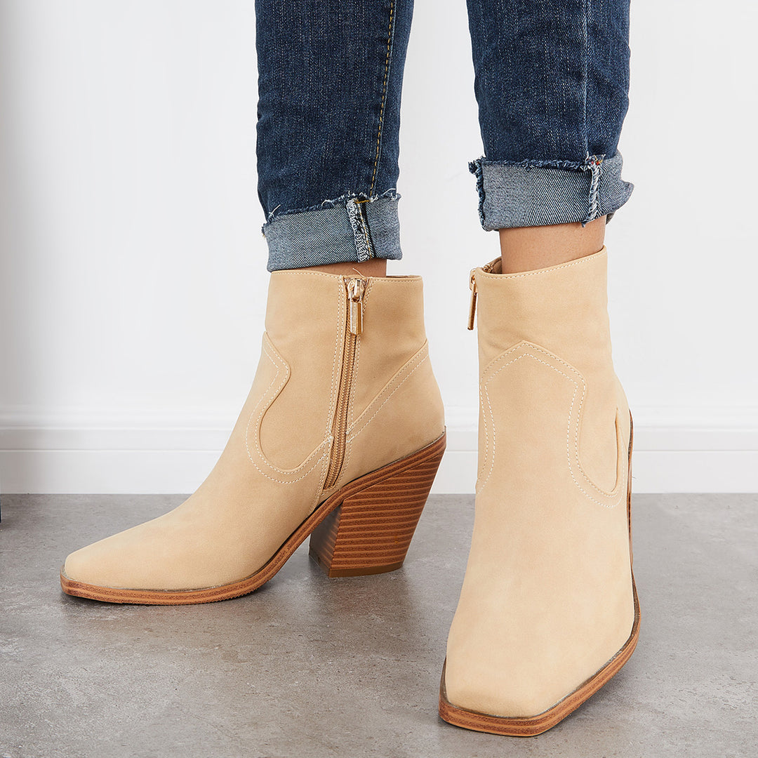 Square Toe Ankle Boots Chunky Stacked Heel Western Cowboy Booties