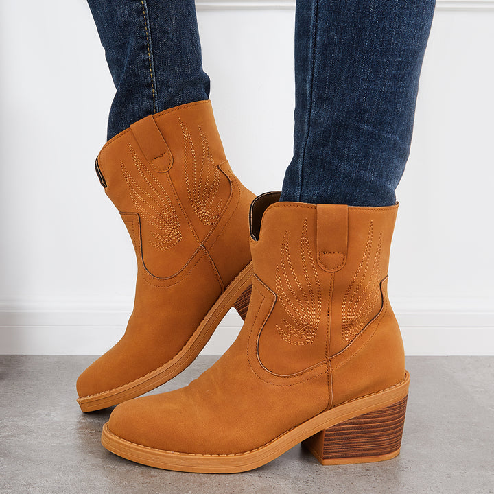 Stitch Embroisdery Western Cowgirl Booties Pull on Chunky Heel Ankle Boots