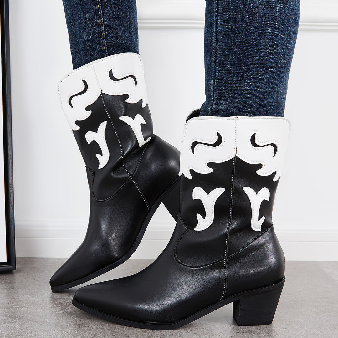 Pointed Toe Western Cowgirl Booties Pull on Chunky Heel Ankle Boots